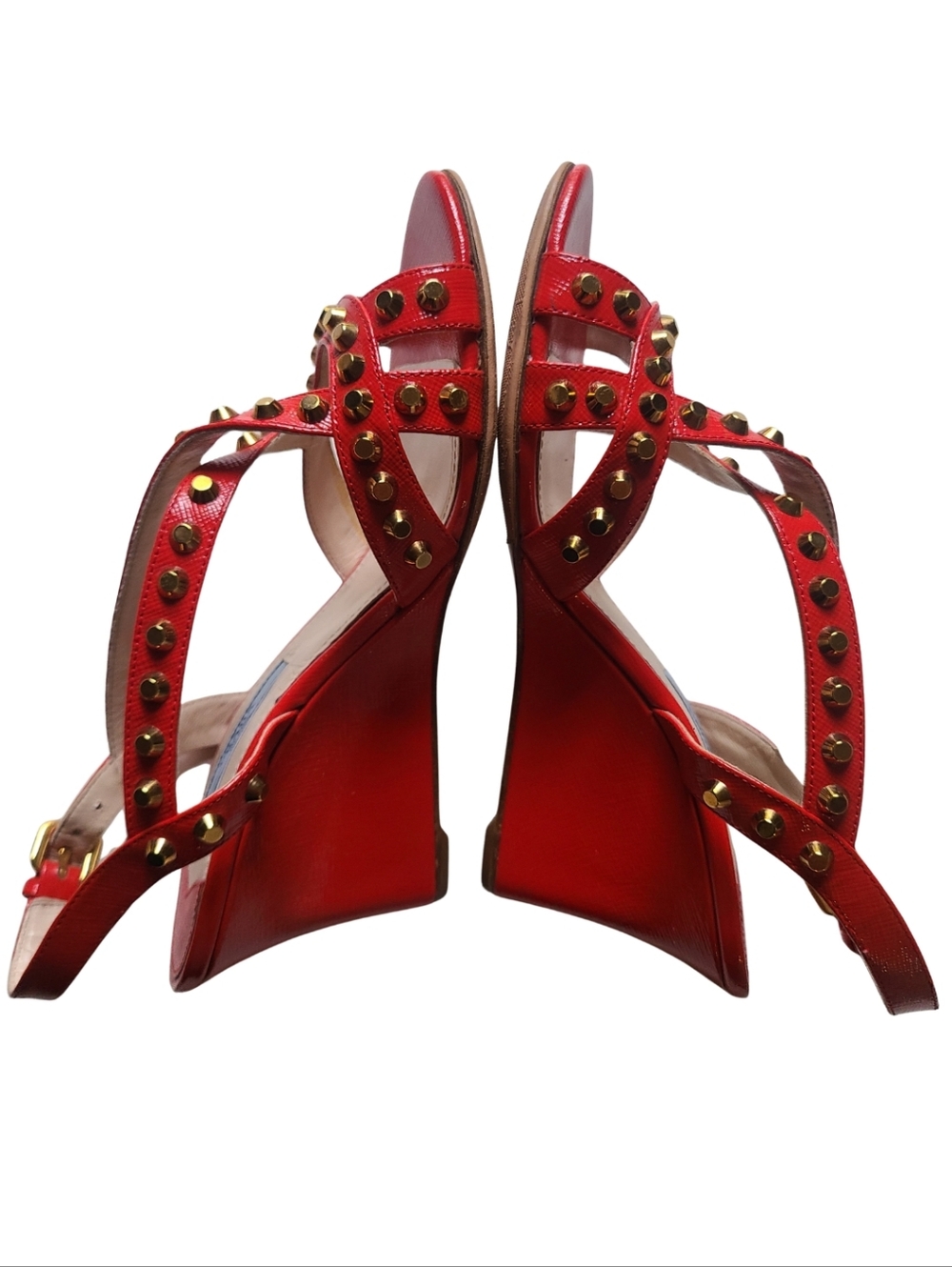 PRADA *EUC* Red Patent Leather Gold Studded Strappy Wedge Sandal 36.5 - Picture 7 of 8